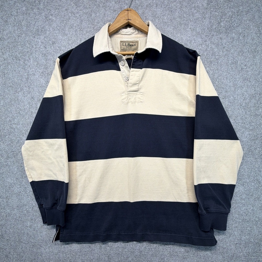 Vintage LL Bean Rugby Shirt Mens Medium Navy Blue Cream Striped Long Sleeve - Picture 1 of 7
